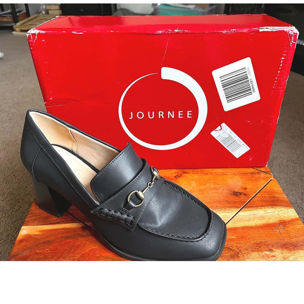 Journee Collection Aisha Black Heeled Loafers Square Toe Horsebit Block Heel 9M
